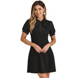 Allegra K Black Short Sleeve Bow Neck A-Line Dress